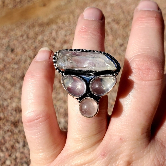New Rose Quartz & Aura Quartz Crystal 925 Silver Ring. - Picture 3 of 13